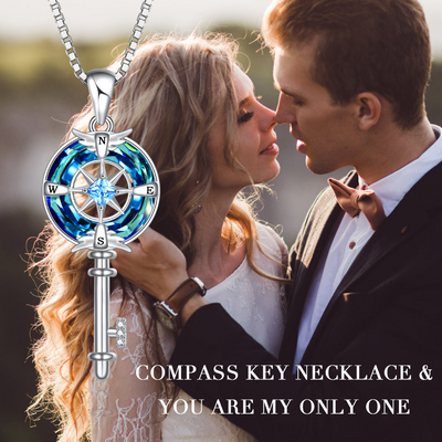 Compass Key with Circle Crystal Necklace Sterling Silver