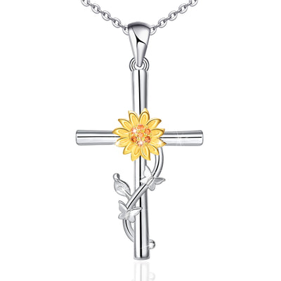 Sunflower Butterfly Cross Sterling Silver Necklace