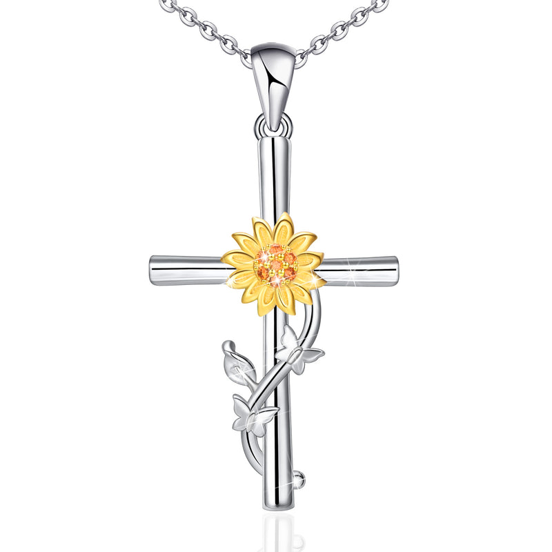 Sunflower Butterfly Cross Sterling Silver Necklace