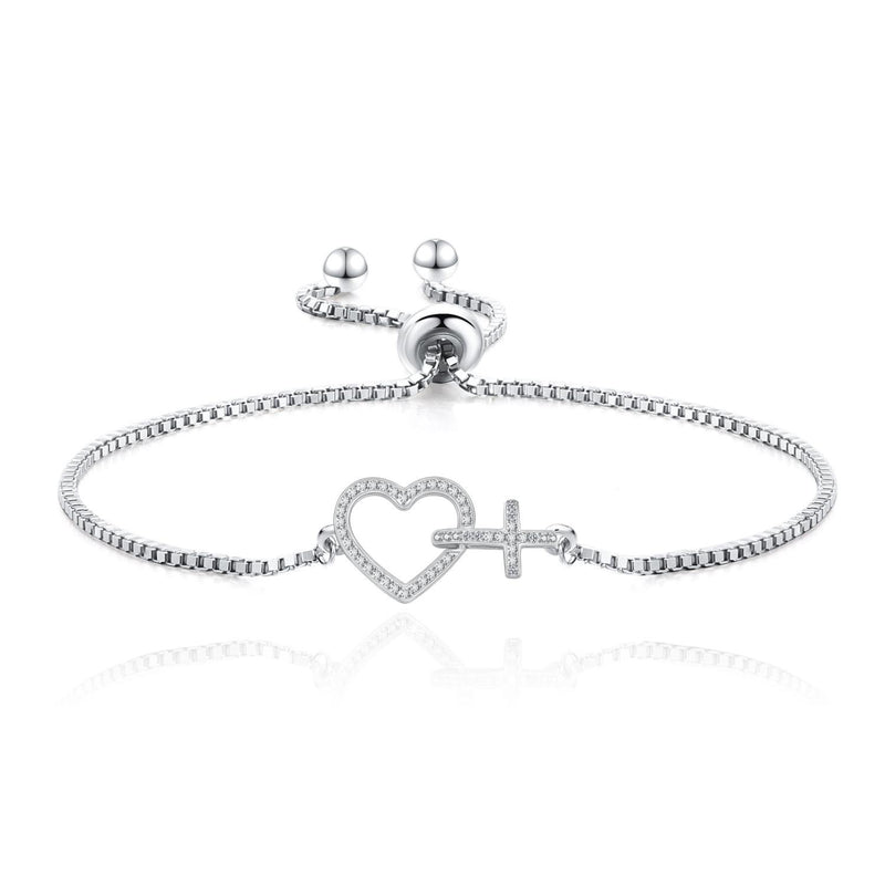 Cross Love Heart Sterling Silver Bracelet
