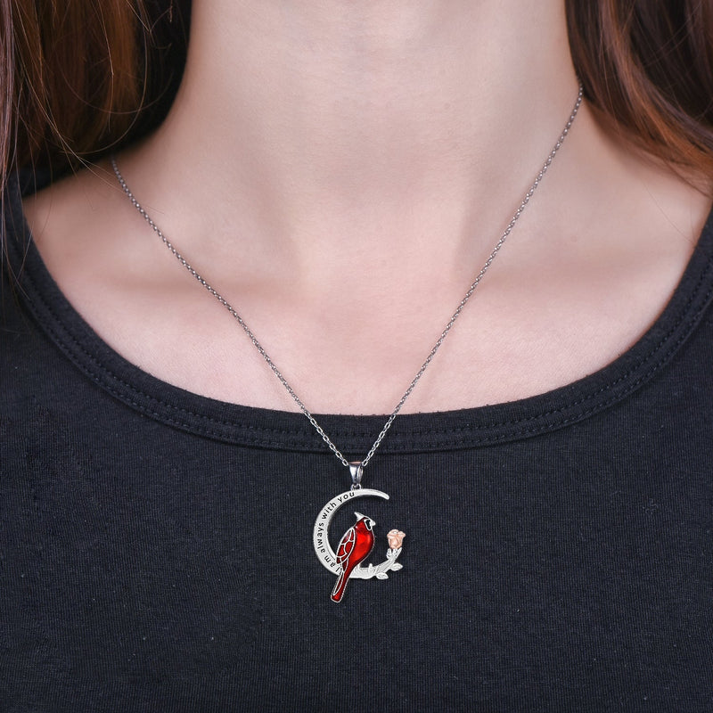 Cardinal Bird On Moon Sterling Silver Necklace