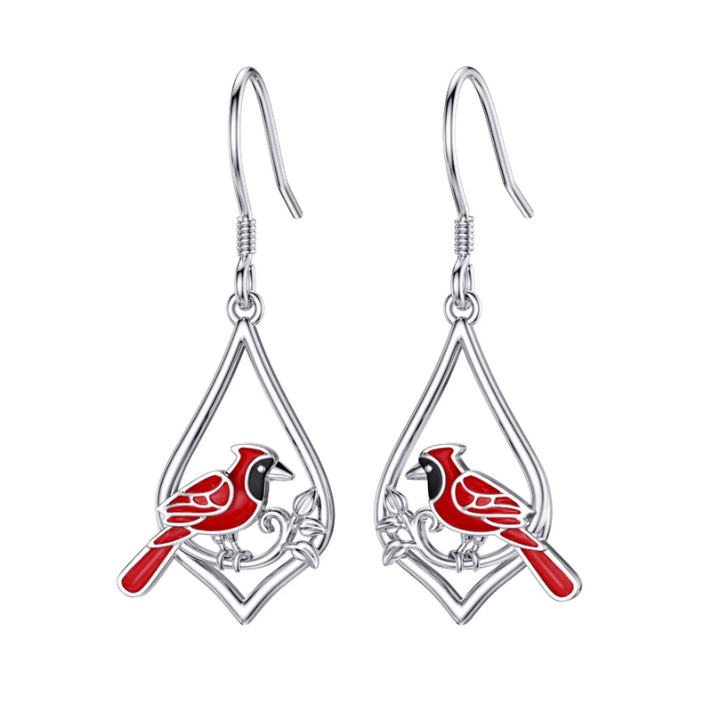 DISTANCE Cardinal Red Bird Drop Dangle Sterling Silver Earrings