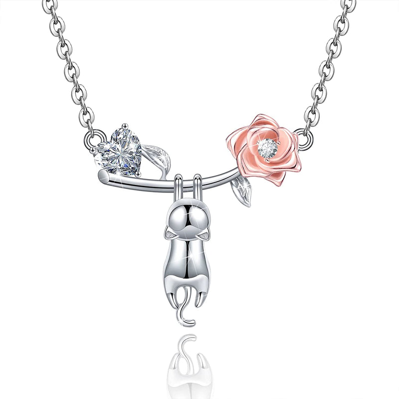 Rose Funny Cute Cat Sterling Silver Necklace