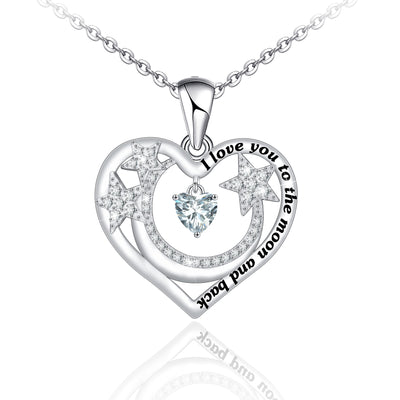 Moon And Star Heart Sterling Silver Necklace