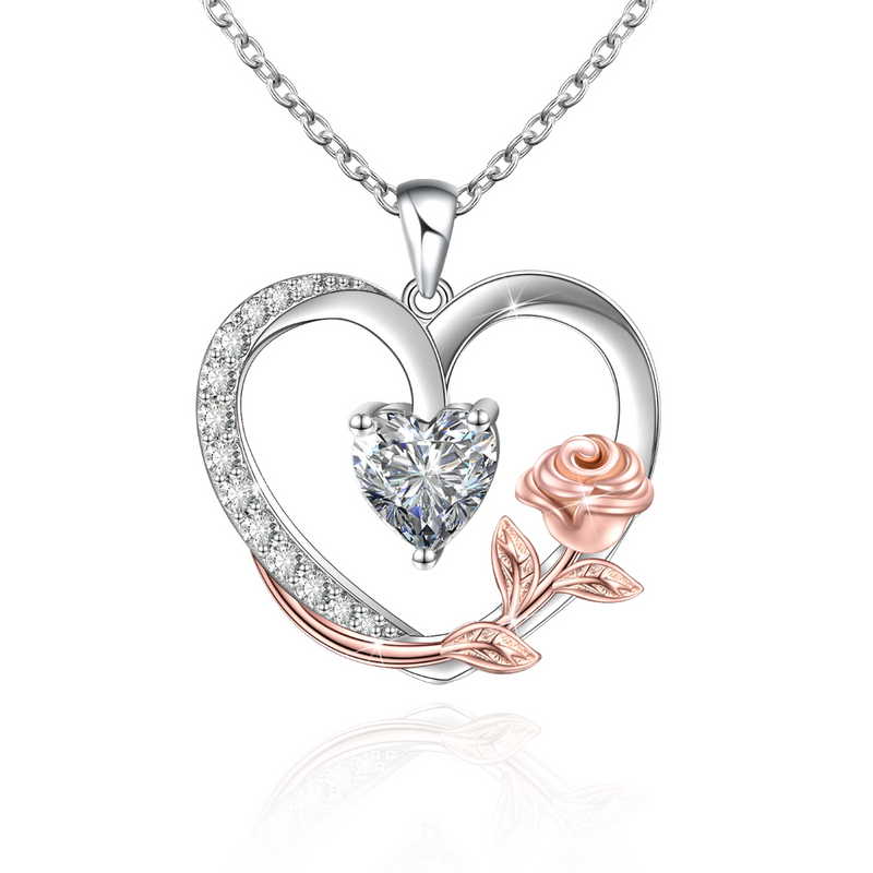 Birthstone Heart Rose Necklace Sterling Silver