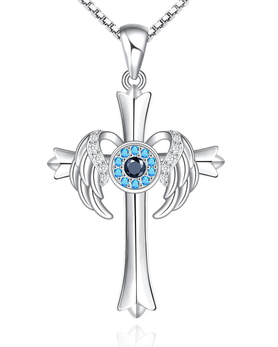 Evil Eye Angel Wing With Cross Sterling Silver Necklace