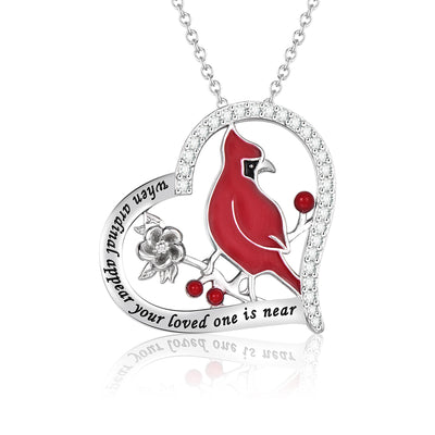 Red Cardinal Bird Heart Pendant Necklace