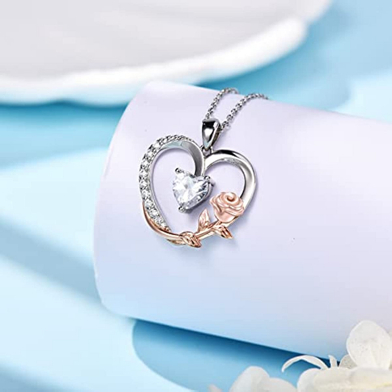Birthstone Heart Rose Necklace Sterling Silver