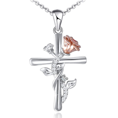 Rose Flower Cross Sterling Silver Necklace