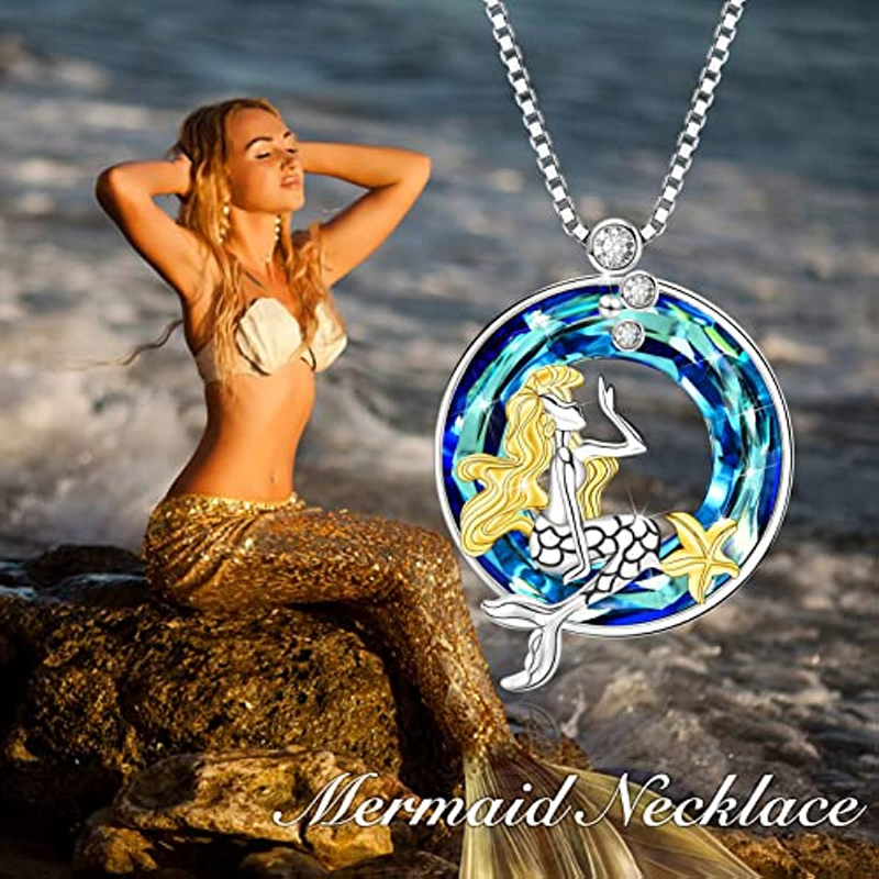 Mermaid with Blue Crystal Necklace Sterling Silver