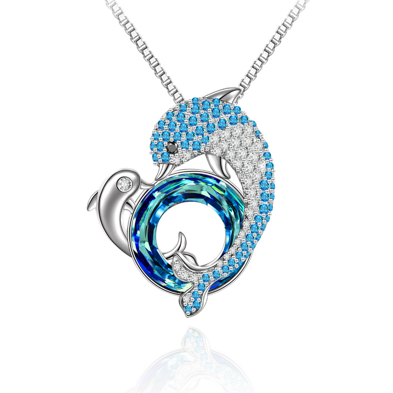 Dolphin With Blue Circle Crystal Necklace Sterling Silver