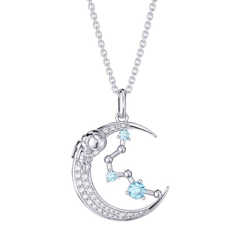 Pisces Constellation Zodiac 12 Horoscope Astrology Astronaut On Moon Necklace Sterling Silver