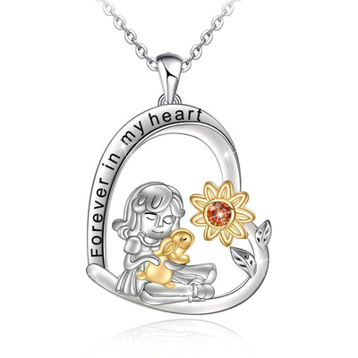 Bunny Rabbit And Girl Sunflower Sterling Silver Heart Necklace
