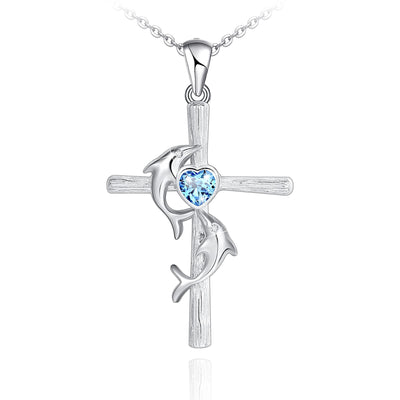 Double Dolphin Cross Sterling Silver Necklace