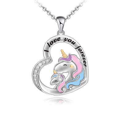 Mom And Baby Unicorn Love Heart Sterling Silver Necklace