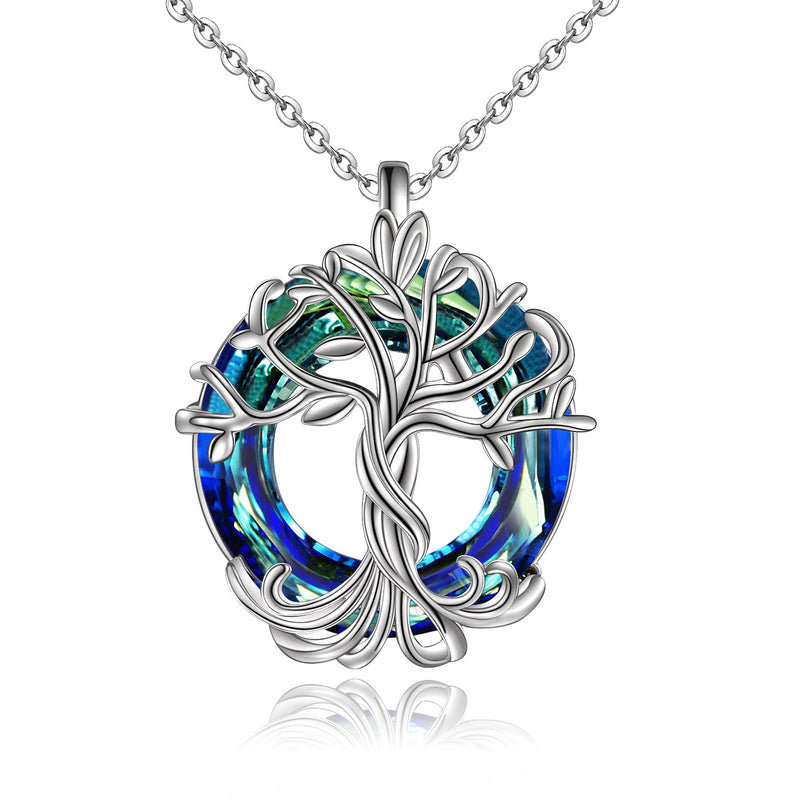 Tree of Life Blue Circle Crystal Sterling Silver Necklace