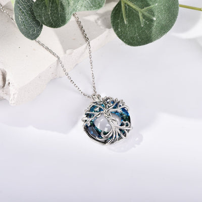 Tree of Life Blue Circle Crystal Sterling Silver Necklace