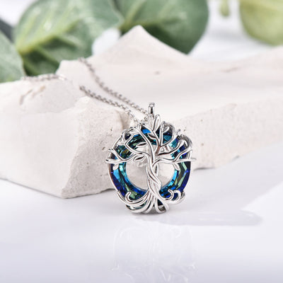 Tree of Life Blue Circle Crystal Sterling Silver Necklace