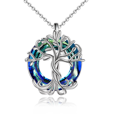 Tree of Life Blue Circle Crystal Sterling Silver Necklace