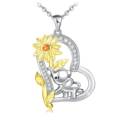 Sunflower Elephant Love Heart Sterling Silver Necklace