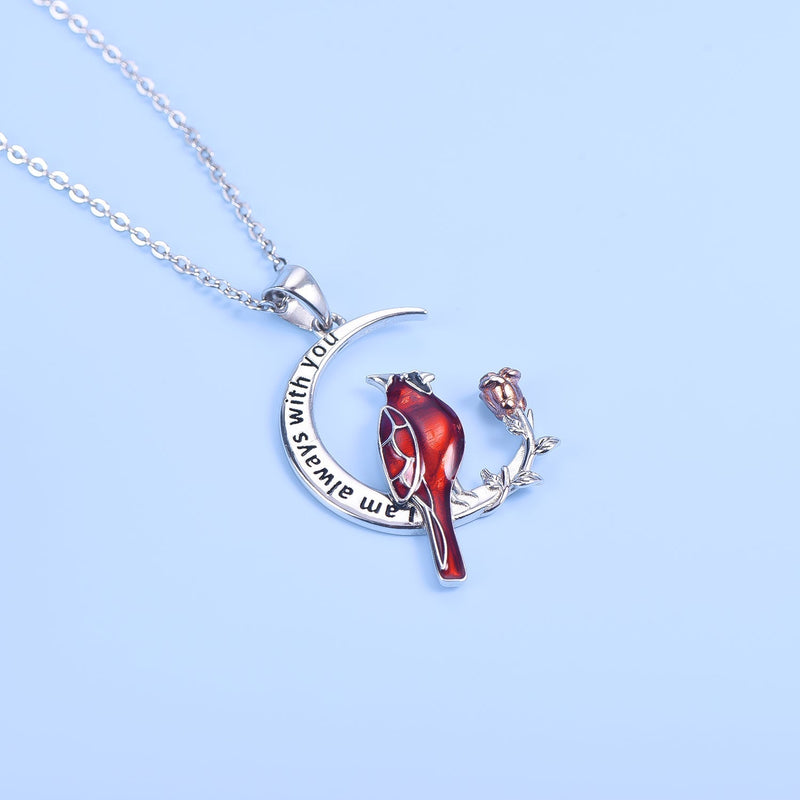 Cardinal Bird On Moon Sterling Silver Necklace