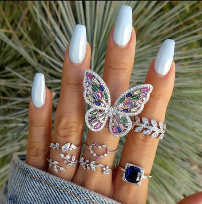 Rainbow Crystal Butterfly Sterling Silver Ring