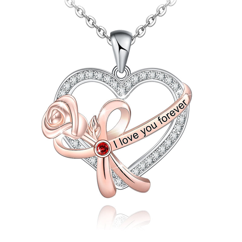 Rose Love Heart Bow Sterling Silver Necklace