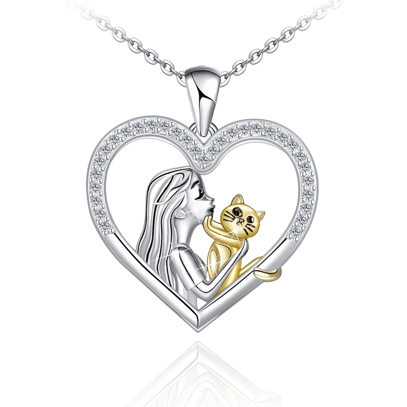 Cat And Girl Love Heart Sterling Silver Necklace