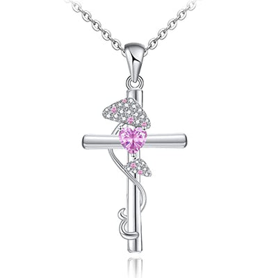 Cute Mushroom Cross With 12Month Birthstone Sterling Silver Necklace