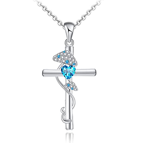 Cute Mushroom Cross With 12Month Birthstone Sterling Silver Necklace