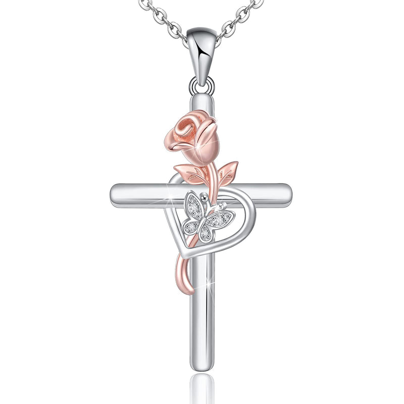 Rose Flower Cross Sterling Sliver Necklace
