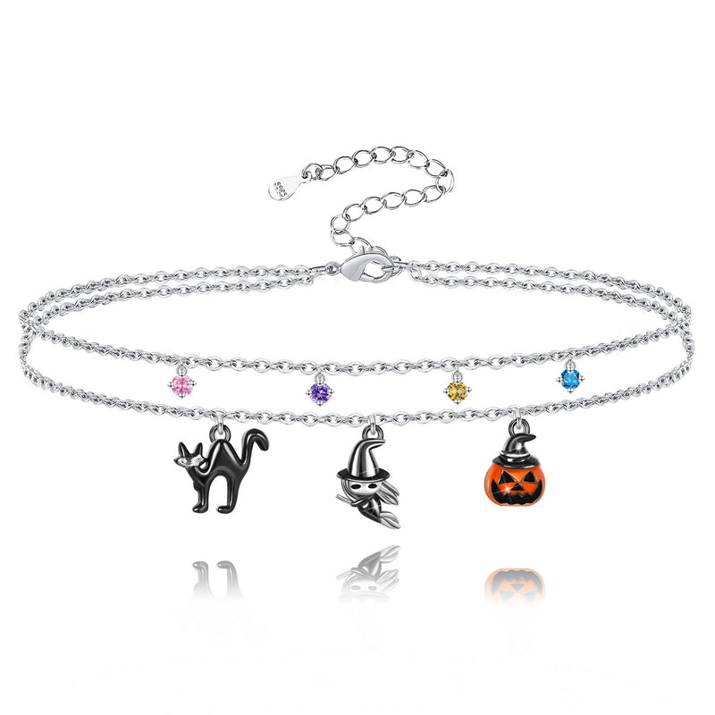 Halloween Pumpkin Witches black cat Layered Sterling Silver Bracelets