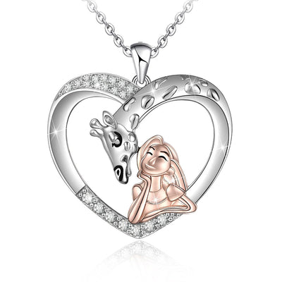 Giraffe and Girl Love Heart Sterling Silver Necklace