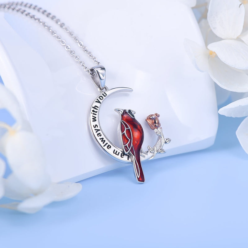 Cardinal Bird On Moon Sterling Silver Necklace