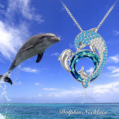 Dolphin With Blue Circle Crystal Necklace Sterling Silver