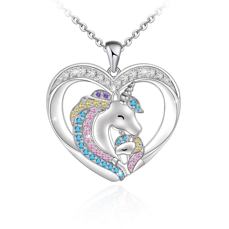 Colorful CZ Mom And Baby Unicorn Sterling Silver Necklace