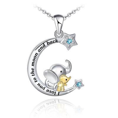 Mother and Child Elephant Moon Sterling Silver Necklace