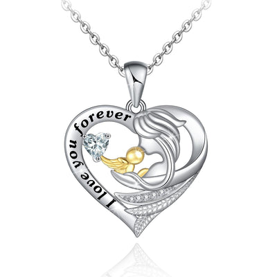 Mom And Baby Love Heart Sterling Silver Necklace