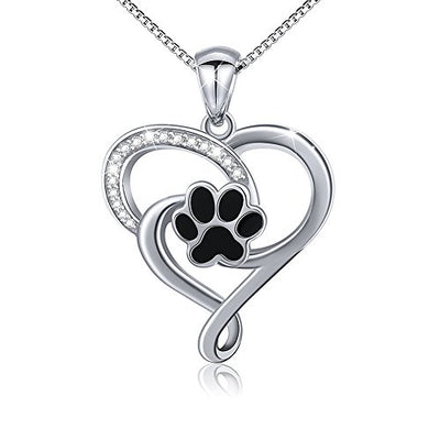 Dog Pet Paw Print Love Heart Sterling Silver Necklace