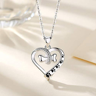 Cute Dog Paws with Bone Heart Shape Sterling Silver Necklace