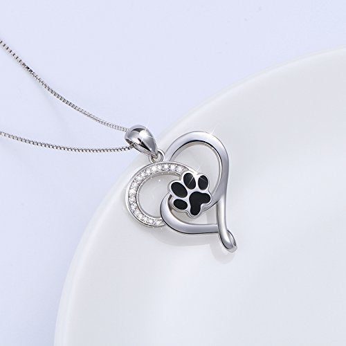 Dog Pet Paw Print Love Heart Sterling Silver Necklace