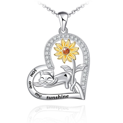 Sunflower With Cat Sterling Silver Necklace