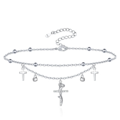 Cross Rose Sterling Silver Anklet