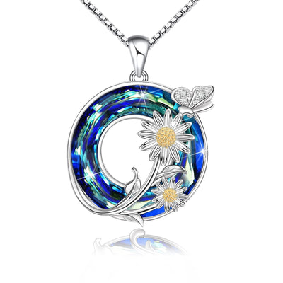 Daisy With Blue Crystal Sterling Silver Necklace
