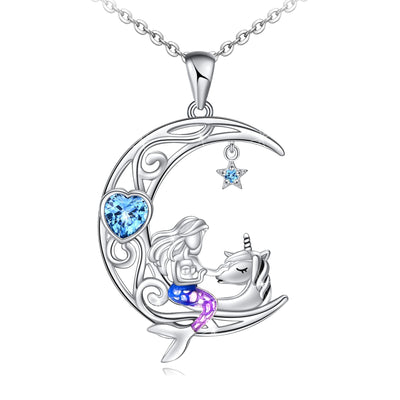 Mermaid And Unicorn Moon Sterling Silver Necklace