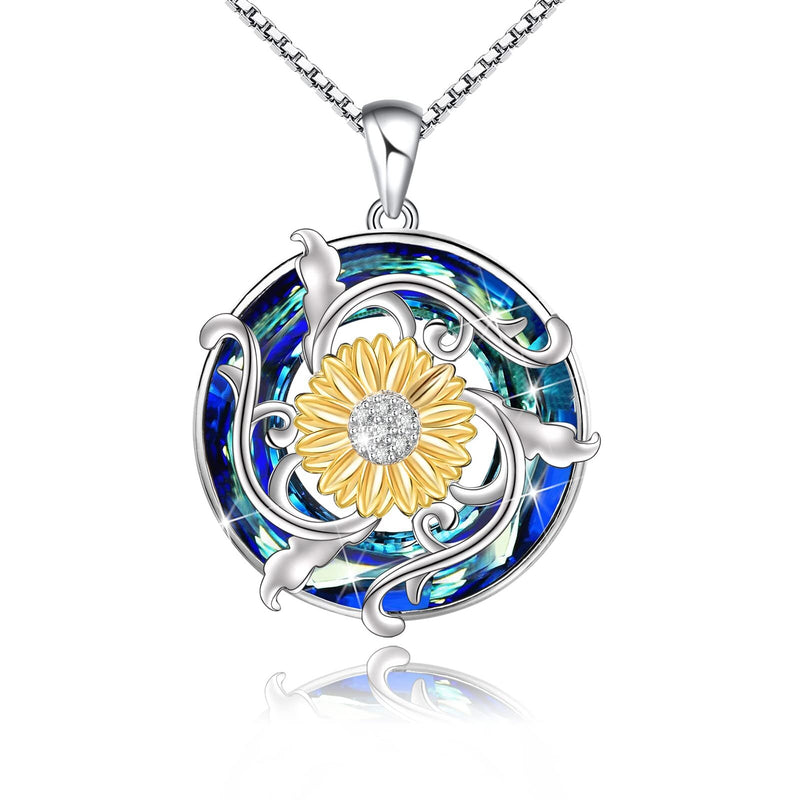 Sunflower With Blue Crystal Sterling Silver Necklace