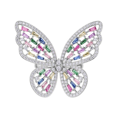 Rainbow Crystal Butterfly Sterling Silver Ring (Silver)