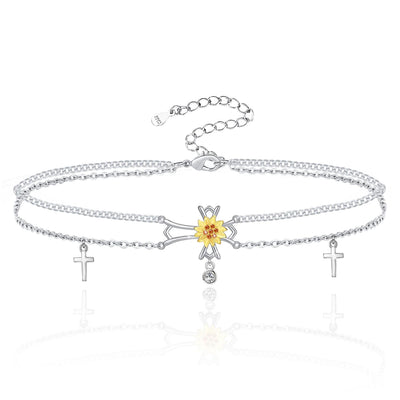 Sunflower Cross Sterling Silver Anklet