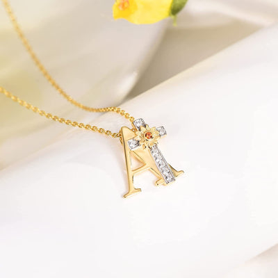 Initial Sunflower Cross Sterling Silver Necklace