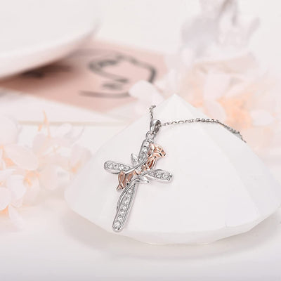 Cross Rose Flower Sterling Silver Necklace